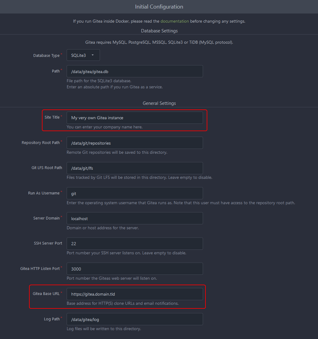 Initial configuration of Gitea.
