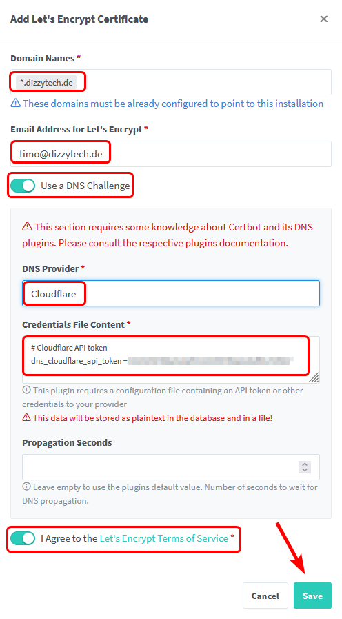 Fill out the information to create a Wildcard Certificate from Cloudflare.