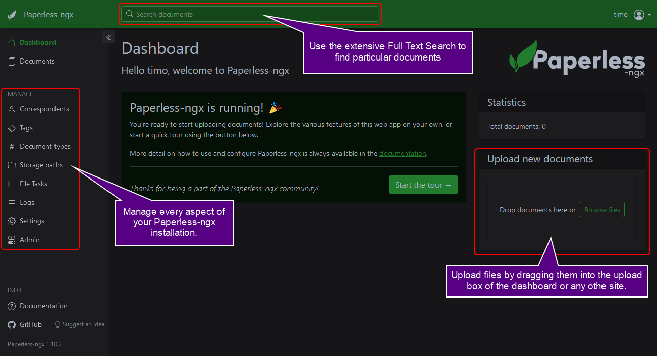 Paperless-ngx dashboard view.