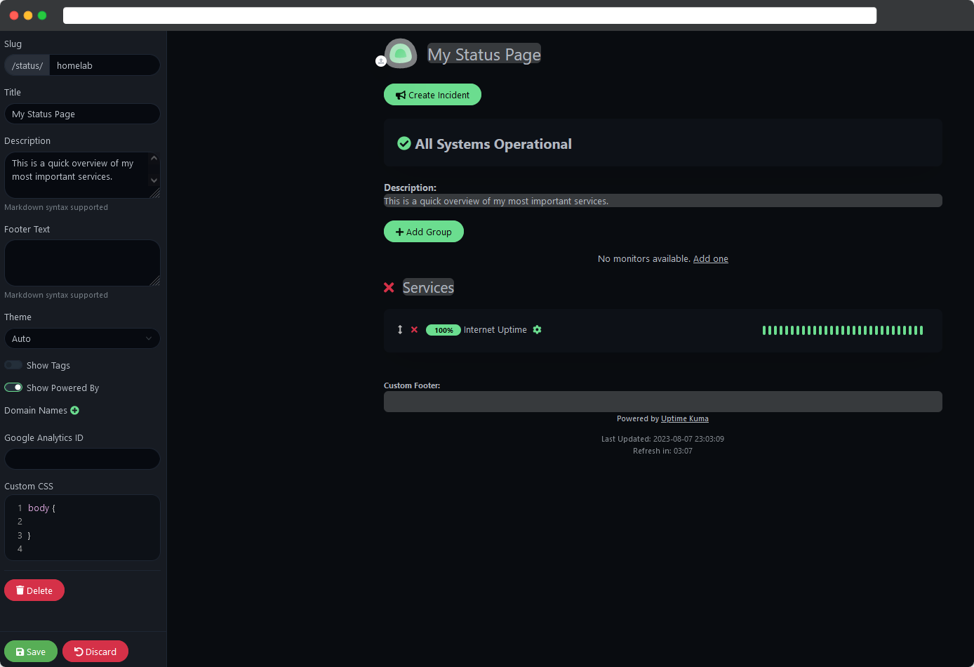 Configure the new Status Page.