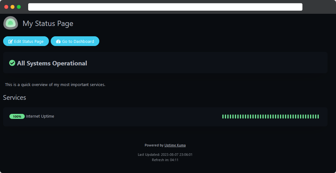 Status Page with monitor <code>Internet Uptime</code>.